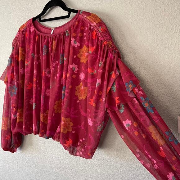 Free People Wildflower Honey Floral Print Peasant Mesh Overlay Womens Blouse XS - Picture 4 of 11